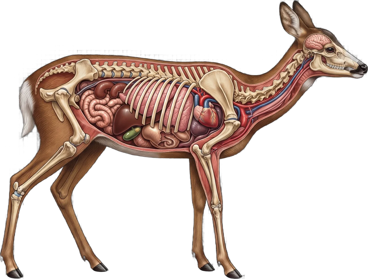 Anatomische Darstellung eines Rehs mit Skelett, Herz, Lunge, Nieren und Muskeln